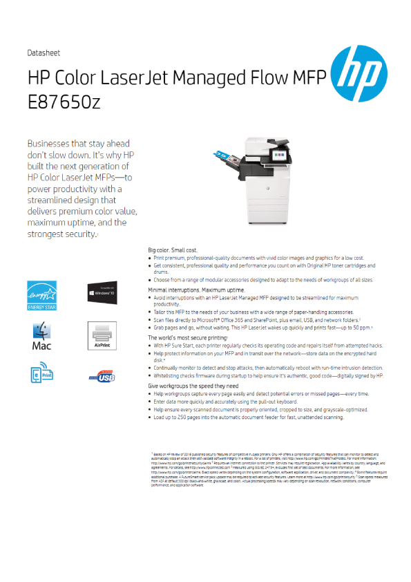 This is a HP Color LaserJet Managed MFP E87650z brochure