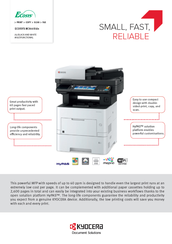 This is a Kyocera ECOSYS M3660idn KDS Final data sheet UK:data sheet from Europe(United Kingdom).