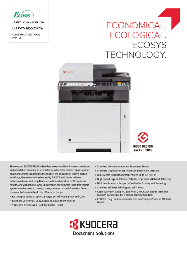 This is a Kyocera ECOSYS M5521cdw Spec Sheet FNL 02 US:Spec Sheet from United States of America.