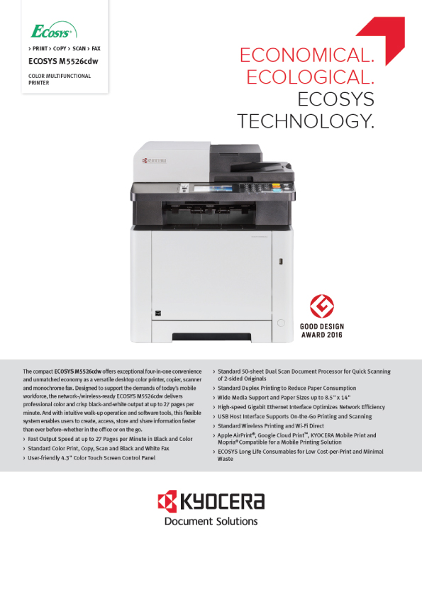 This is a Kyocera ECOSYS M5526cdw Spec Sheet FNL 05 US:Spec Sheet from United States of America.