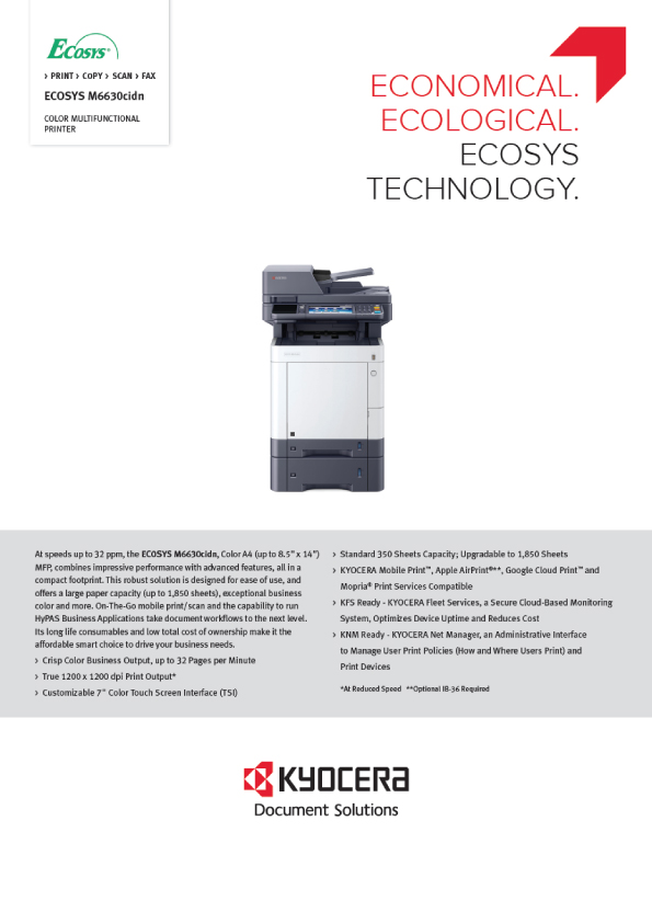 This is a Kyocera ECOSYS M6630cidn Spec Sheet